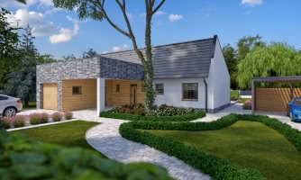 Modernes Einfamilienhaus für 4-5-köpfige Familien, mit Garage. Umsetzung auch mit anderer Dachform bzw. ohne Garage möglich. Auch als Doppelhaus geeignet.